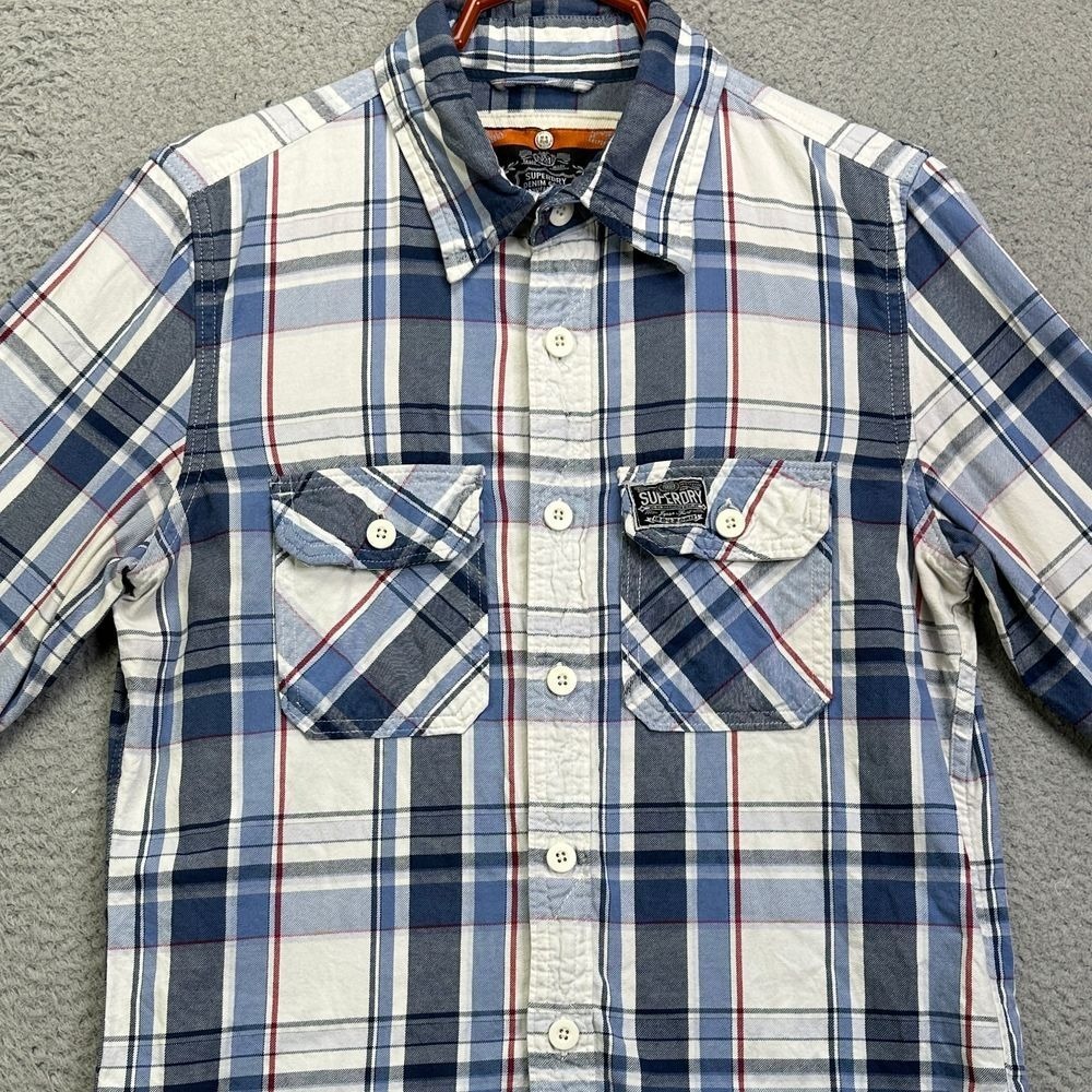 Superdry Button Up Shirt Adult Medium Blue White Madras Plaid Flap Pockets Mens